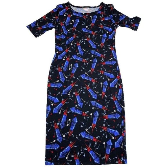LuLaRoe Julia Fireworks Rocket Patriotic Bodycon‎ Dress Small NEW - Picture 2 of 6